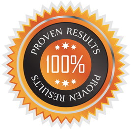 Orange and black badge Logo with 100 percent  Proven Results written in it supporting Salon Suit Pal marketing claims. 