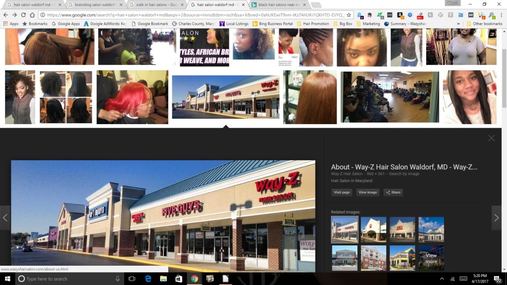 Hair Salon marketing results on Google search engine results pages for images in Waldorf Md.