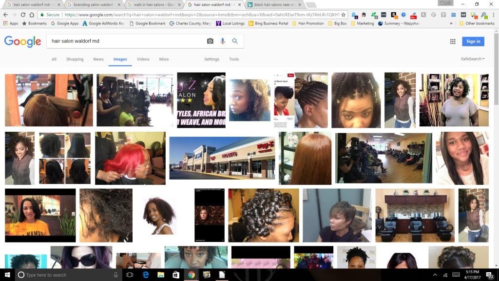 Salon advertising results on Google search engine results pages for images in Waldorf Md.