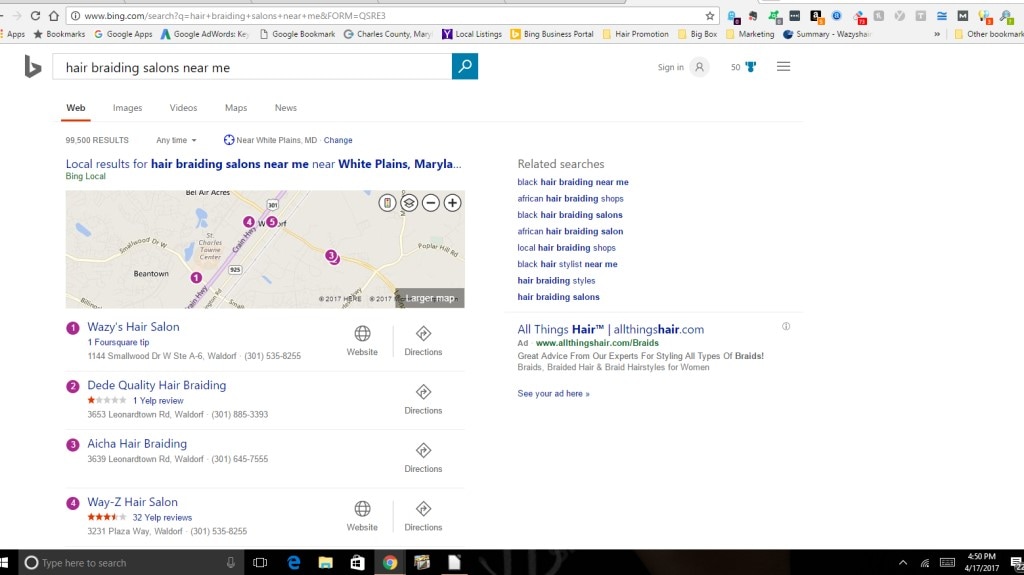 Bing Search Engine Result Page Map for Hair Braiding Salons near me promoted by Salon Suite Pal Marketing Service.