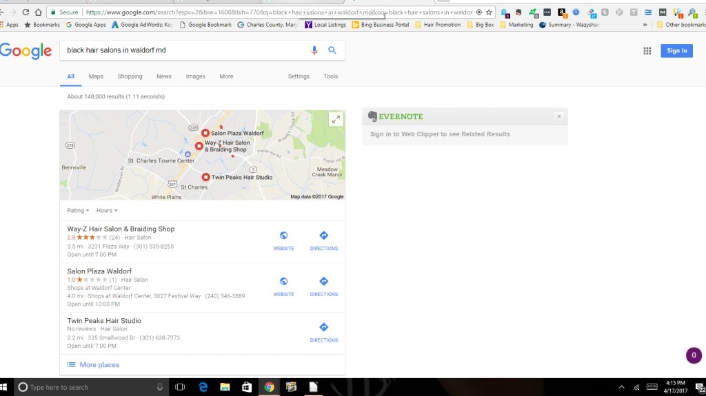 Hair Stylist marketing proof of screenshot of Google search engine result pages.