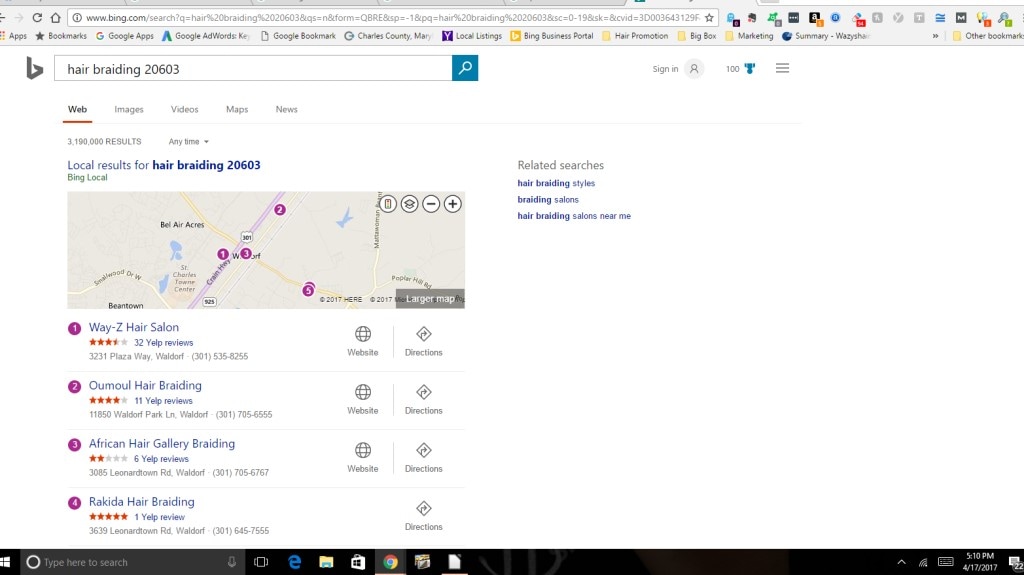 Bing Search Engine Result Page Map for hair braiding 20603 advertised by Salon Suite Pal Salon Marketing Company.