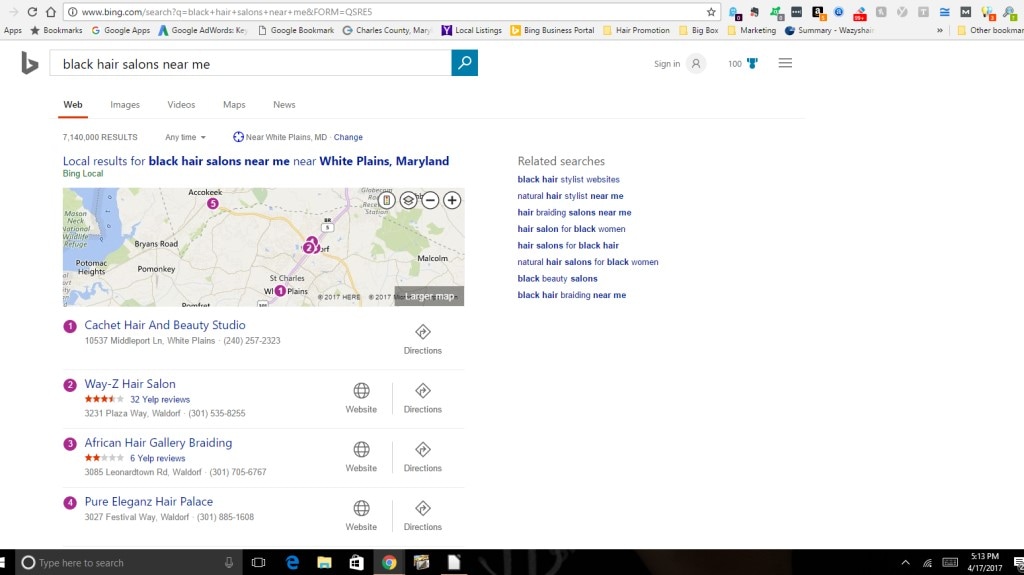 Bing Search Engine Result Page Map for black hair salons near me advertised by Salon Suite Pal Salon Marketing Company.