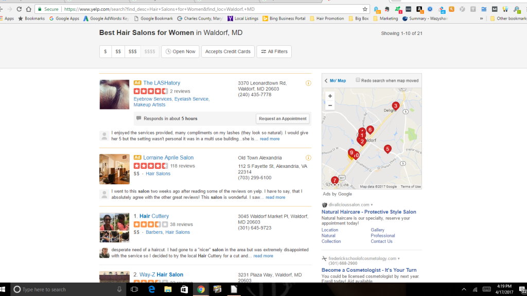 Search engine result page for Yelp best hair salons for women marketing results done by Salon Suite Pal.