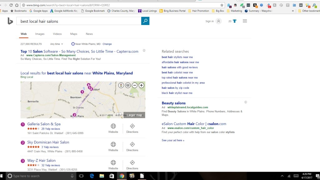Bing Search Engine Result Page Map rank 3 for best local hair salons promoted by Salon Suite Pal Hair Salon Marketing Company.