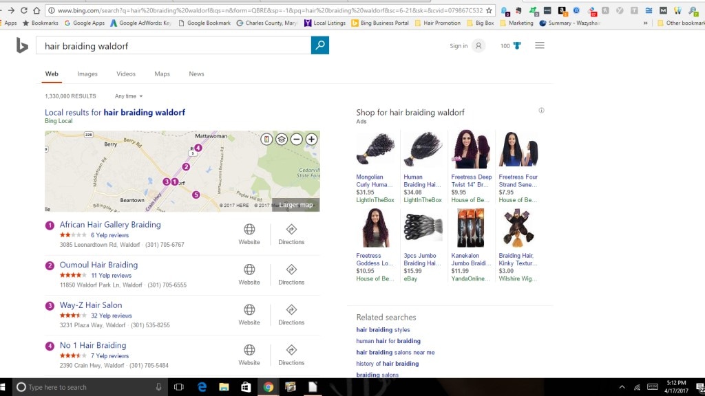 Bing Search Engine Result Page Map rank 3 for hair braiding waldorf  advertised by Salon Suite Pal Hair Salon Marketing Company.