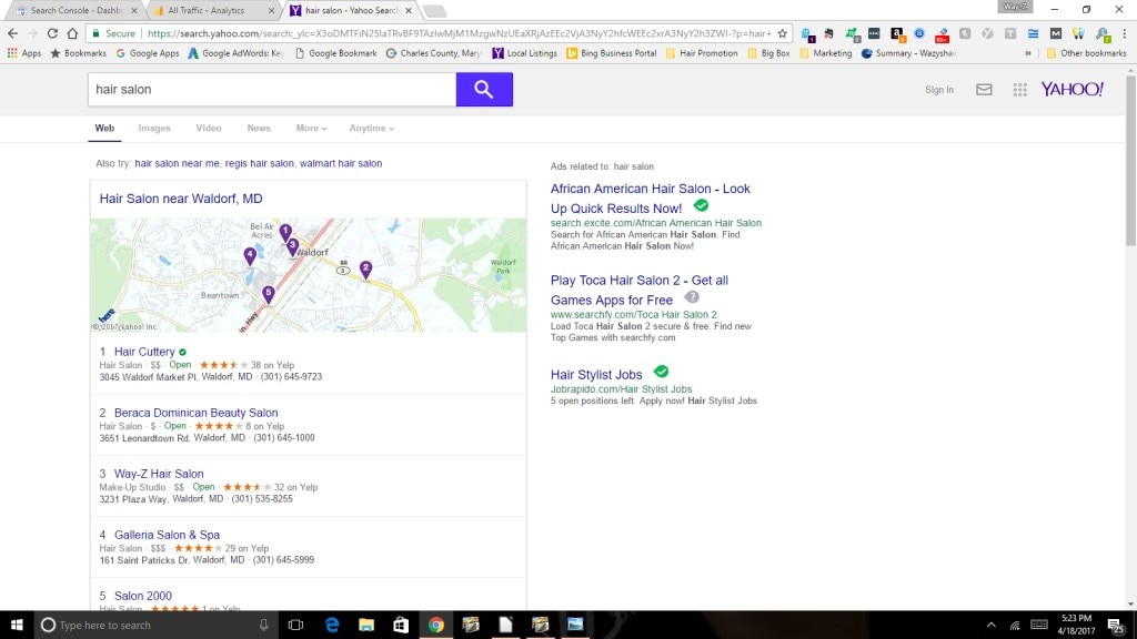 Yahoo search engine result page hair salon marketing proof. 