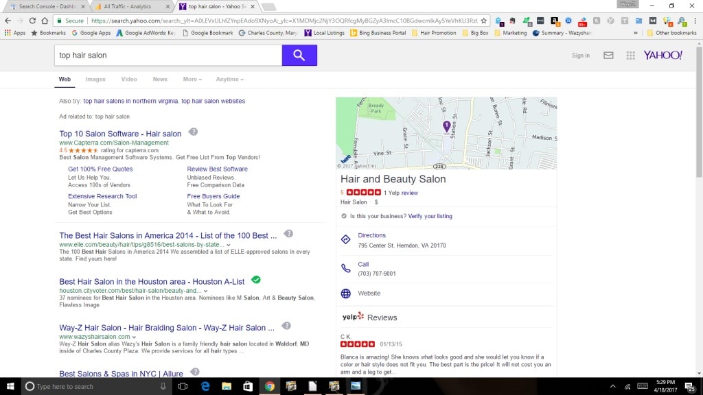 Hair Salon marketing proof on Yahoo search engine results page.