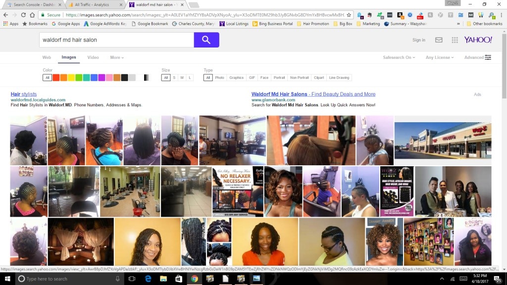 Hair Salon advertising images search evidence from Yahoo search result page.